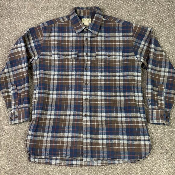 LL Bean Chamois Cloth Shirt Mens Large Brown Blue Gray Red Plaid Mix Button Down - Picture 1 of 8